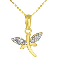Load image into Gallery viewer, Solid 14K Yellow Gold Dainty Cubic Zirconia Studded Dragonfly Charm Pendant Necklace
