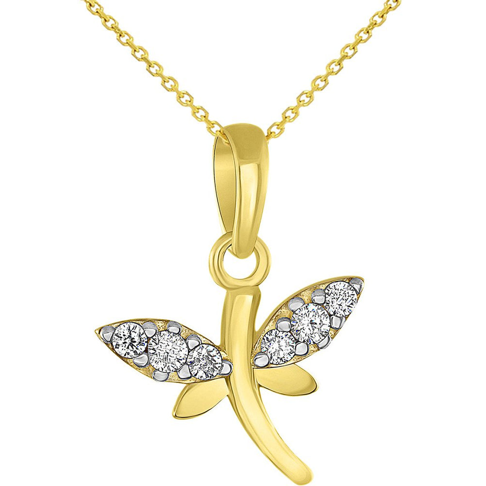 Solid 14K Yellow Gold Dainty Cubic Zirconia Studded Dragonfly Charm Pendant Necklace