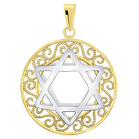 Load image into Gallery viewer, 14k Two-Tone Gold 3D Filigree Jewish Star of David Medallion Pendant Necklace
