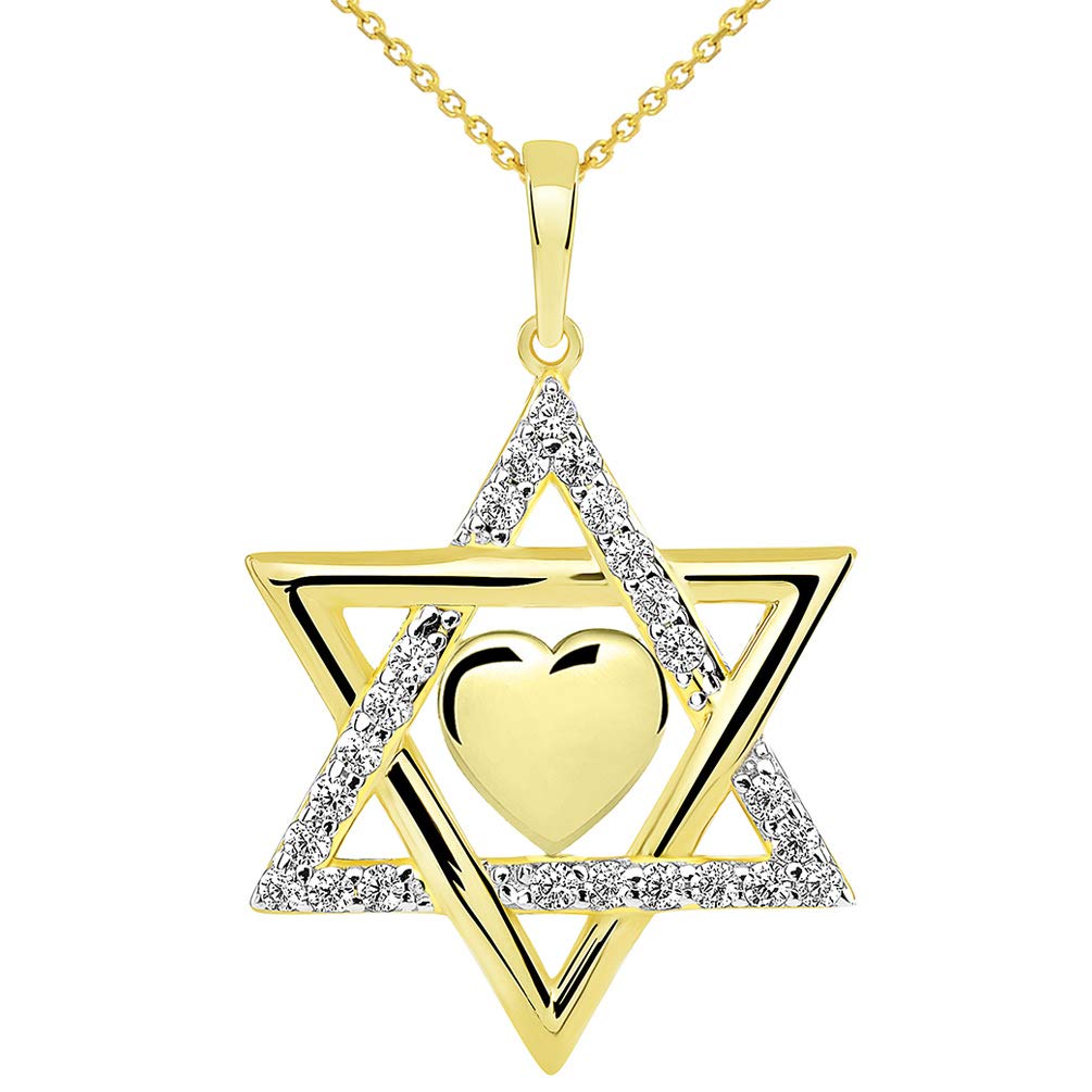 14k Yellow Gold Hebrew Love CZ Star of David with Heart Pendant Necklace