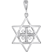 Load image into Gallery viewer, Solid 14K Gold Star of David and Jerusalem Cross Pendant Necklace - White Gold
