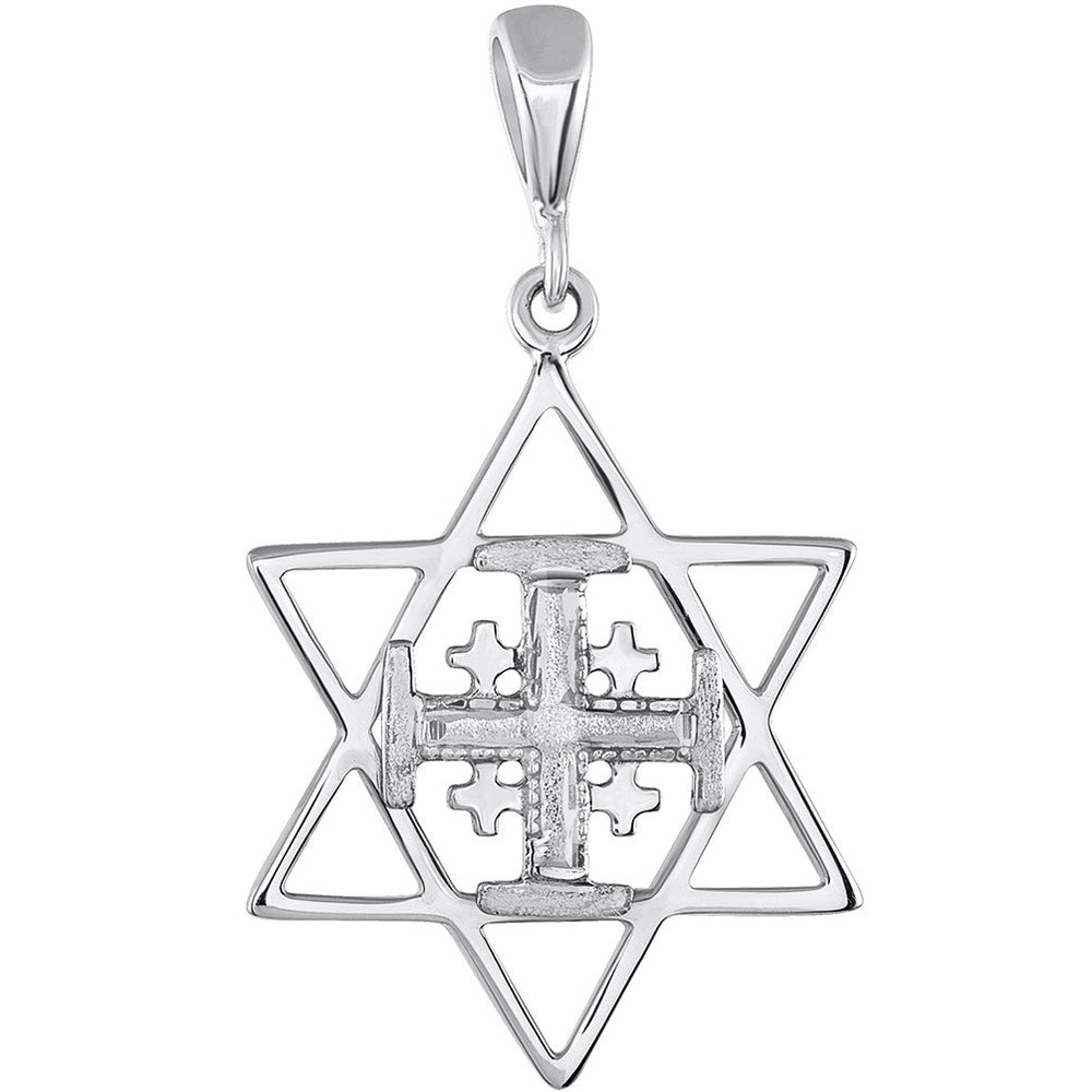 Solid 14K Gold Star of David and Jerusalem Cross Pendant - White Gold