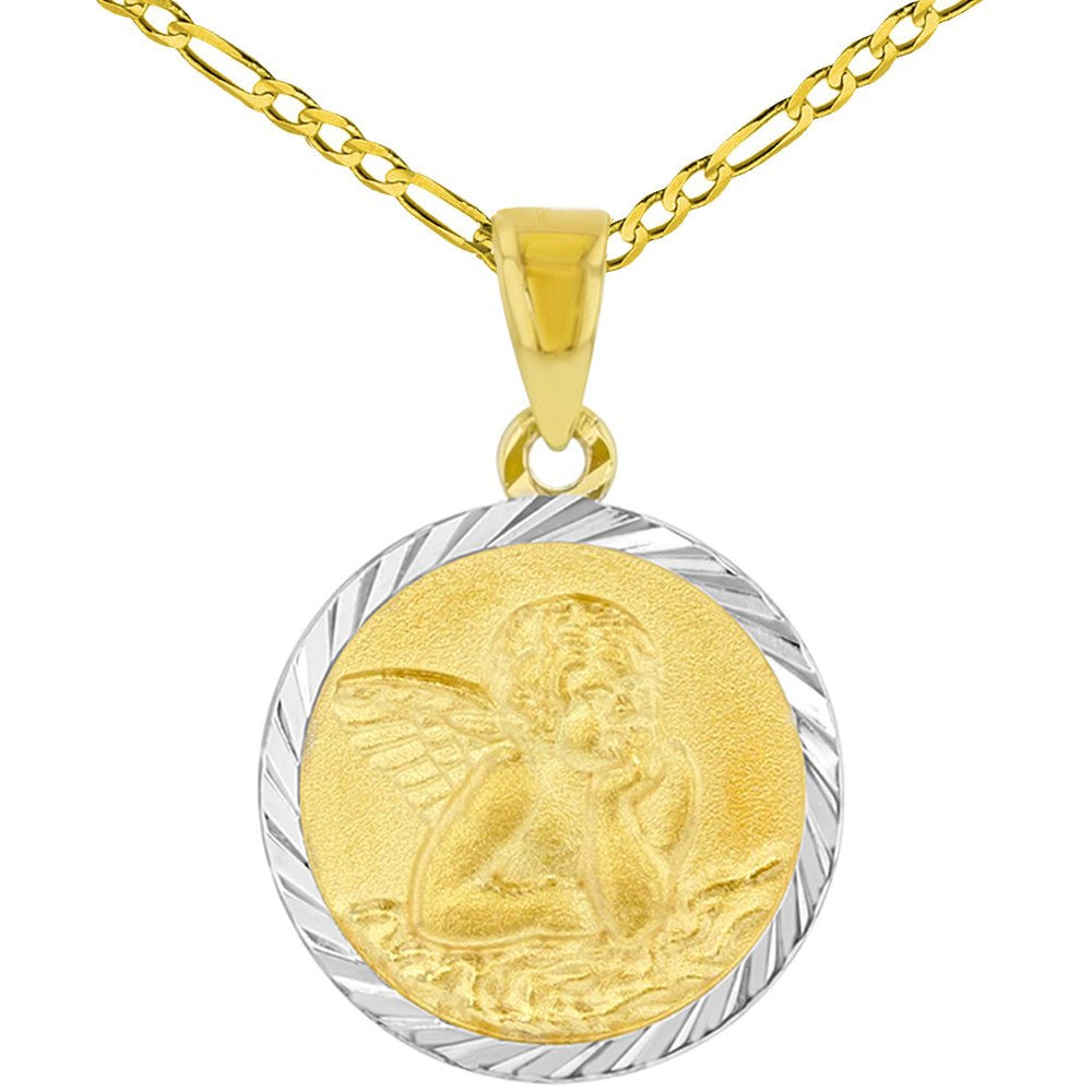 14k Yellow Gold Round Baptism Charm Guardian Angel Textured Medallion Pendant Figaro Chain Necklace