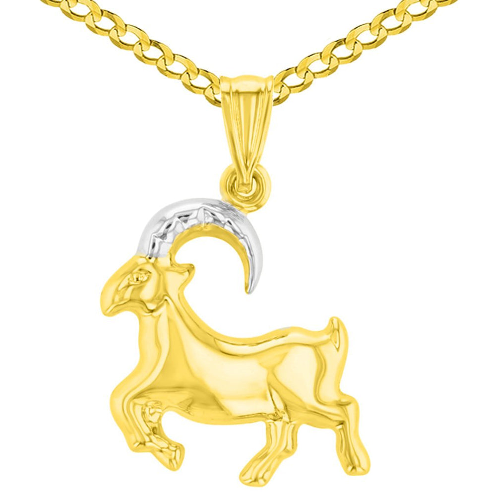 High Polish Solid 14 Karat Yellow Gold Capricorn Zodiac Sign Charm Pendant Cuban Chain Necklace