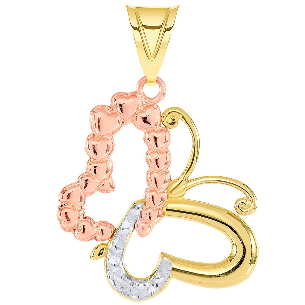 14k Yellow Gold and Rose Gold Dangling Sideways Tri-Tone Open Heart Butterfly Pendant