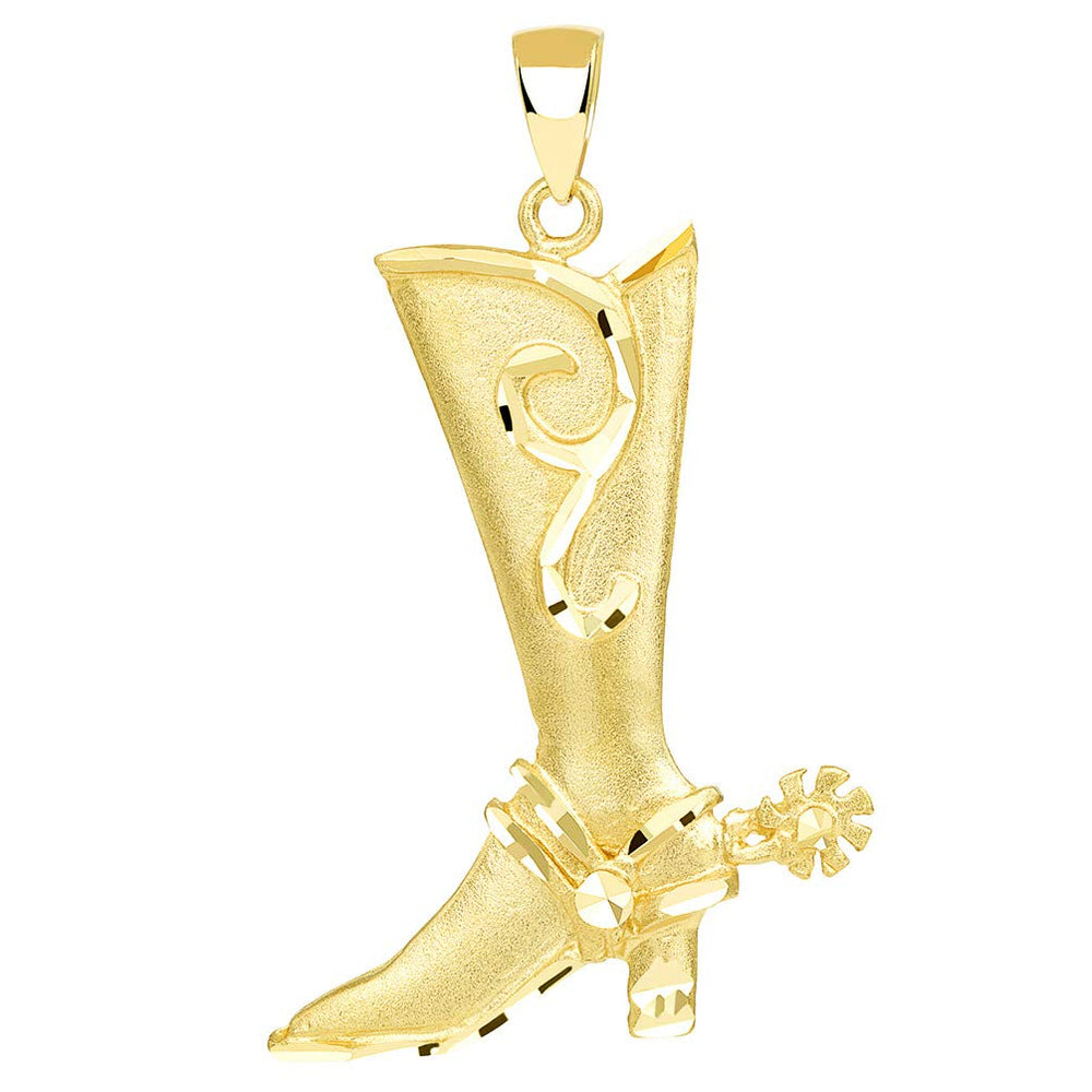 Textured 14k Gold Double Sided Cowboy Riding Boot with Spur Pendant - Yellow Gold