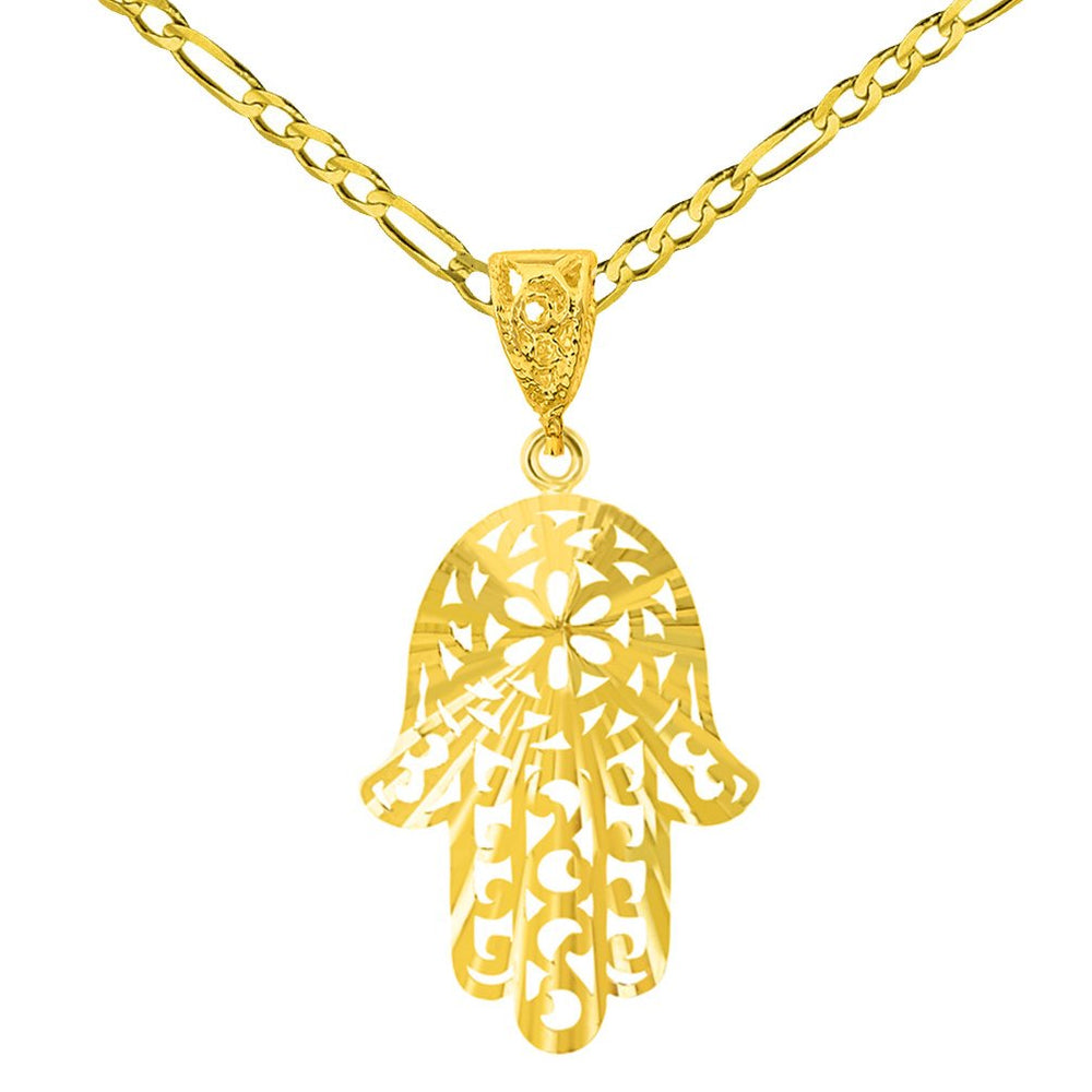 Solid 14K Gold Textured Filigree Hamsa Hand of Fatima Pendant Necklace - Yellow Gold