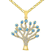 Load image into Gallery viewer, 14k Yellow Gold Cubic-Zirconia Blue Evil Eye Tree of Life Pendant with Figaro Chain Necklace
