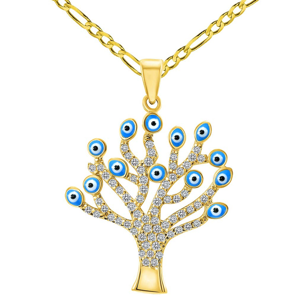 14k Yellow Gold Cubic-Zirconia Blue Evil Eye Tree of Life Pendant with Figaro Chain Necklace