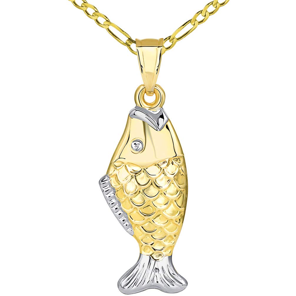 14k Gold Well Detailed Two Tone 3D Bass Vertical Fish Pendant Figaro Necklace - Yellow Gold
