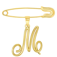 Load image into Gallery viewer, 14k Yellow Gold Elegant Script Letter M Cursive Initial Charm with Safety Pin Brooch
