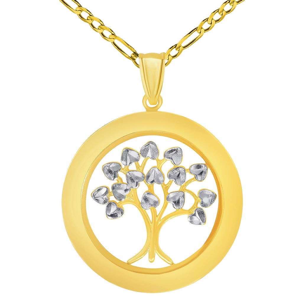 14k Yellow Gold Round Two Tone Tree of Life Medal Pendant with Figaro Necklace