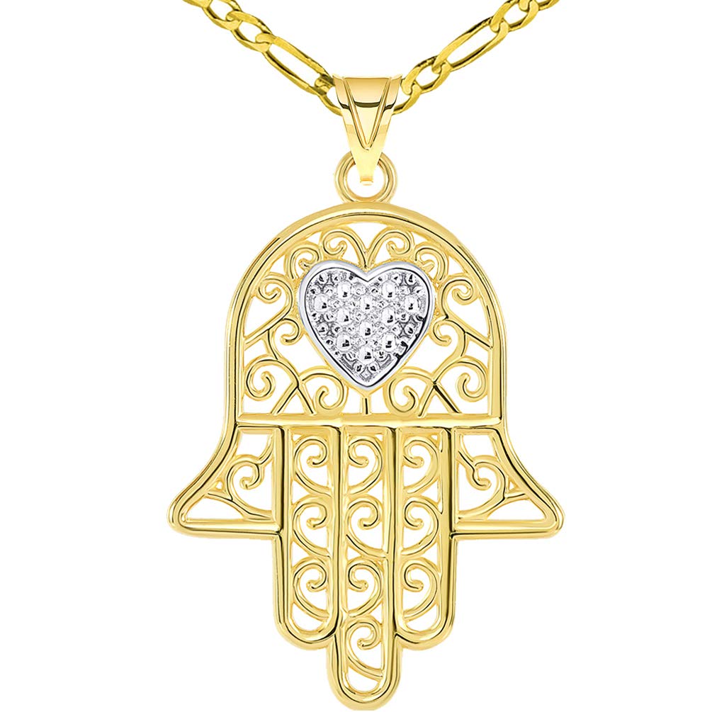 Filigree-Style Hamsa Hand with Heart Pendant Figaro Chain Necklace
