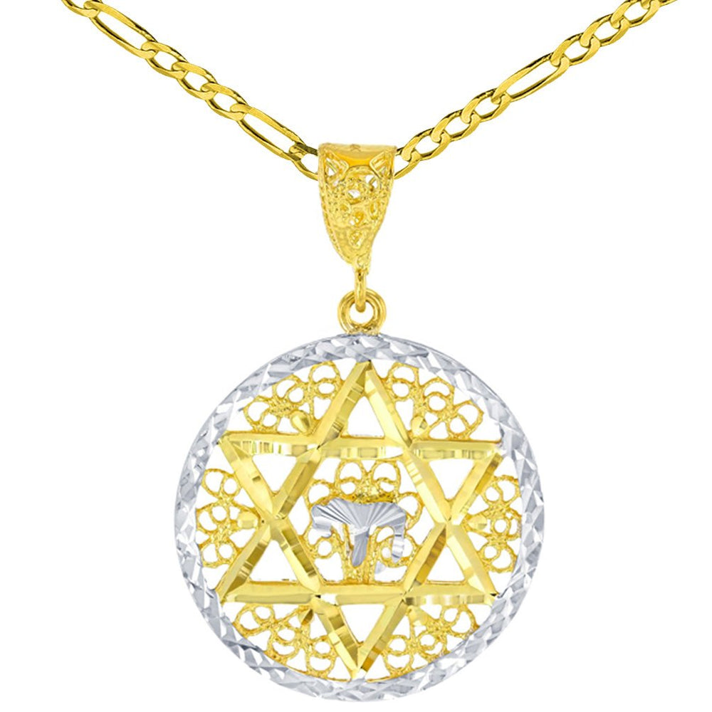 Solid 14K Gold Round Filigree Star of David with Chai Symbol Pendant Figaro Chain Necklace - Yellow Gold