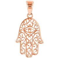 Load image into Gallery viewer, Solid 14K Rose Gold Filigree Hamsa Hand of Fatima with Evil Eye Pendant Necklace
