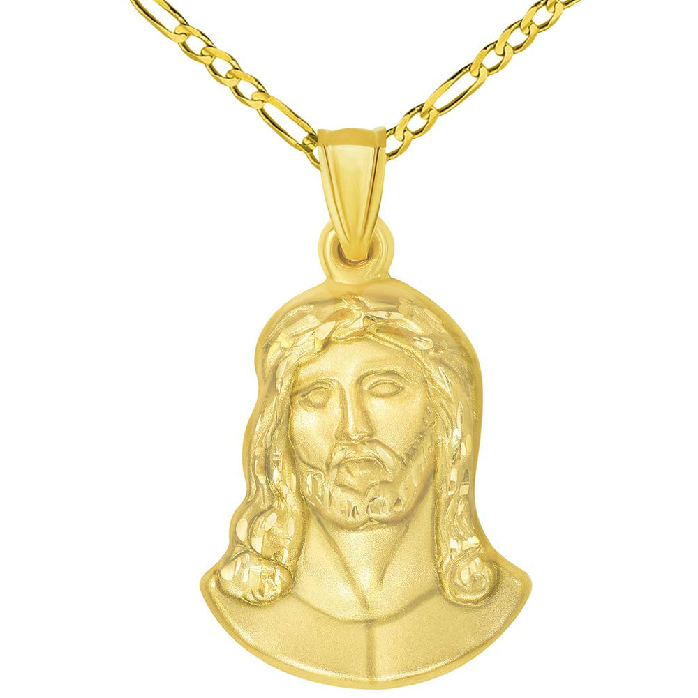 14k Yellow Gold Head of Jesus Christ Neck Up Profile Pendant with Figaro Chain Necklace