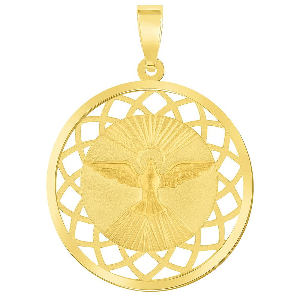 14k Yellow Gold Holy Spirit Dove Religious Round Open Ornate Medal Pendant
