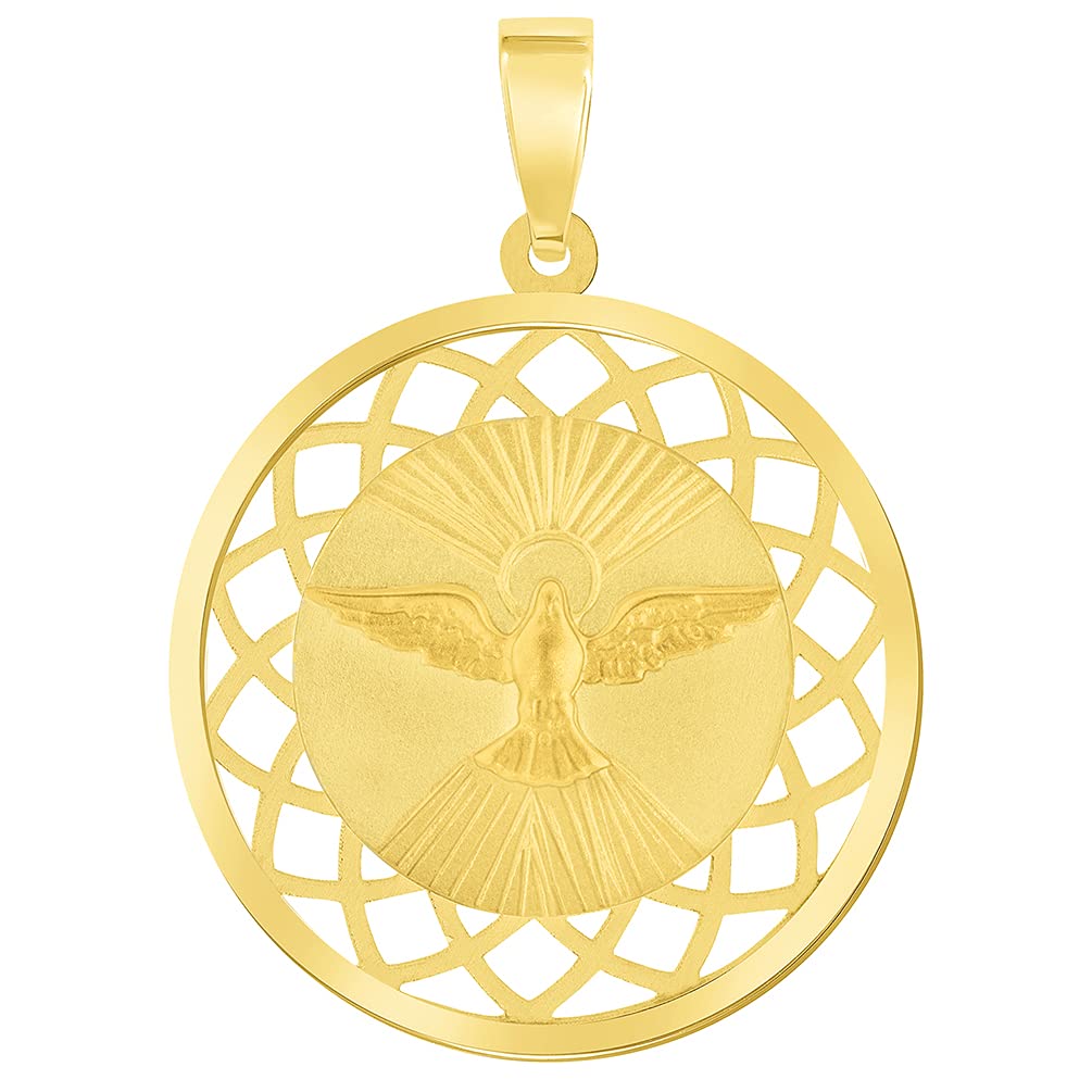 14k Yellow Gold Holy Spirit Dove Religious Round Open Ornate Medal Pendant
