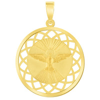 Load image into Gallery viewer, 14k Yellow Gold Holy Spirit Dove Religious Round Open Ornate Medal Pendant with Figaro Chain Necklace
