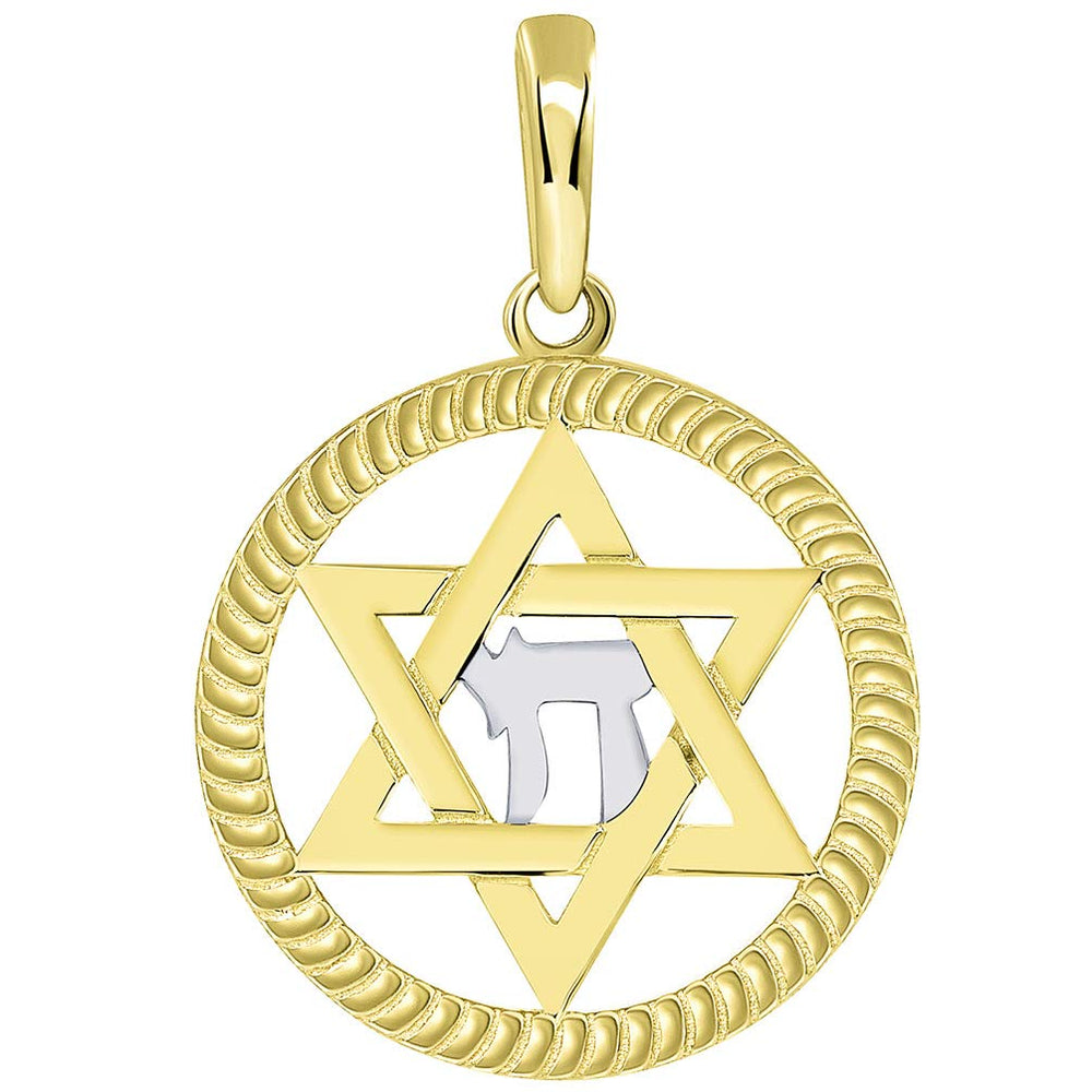 14k Yellow Gold Round Rope Style Jewish Star of David with Chai Symbol Pendant