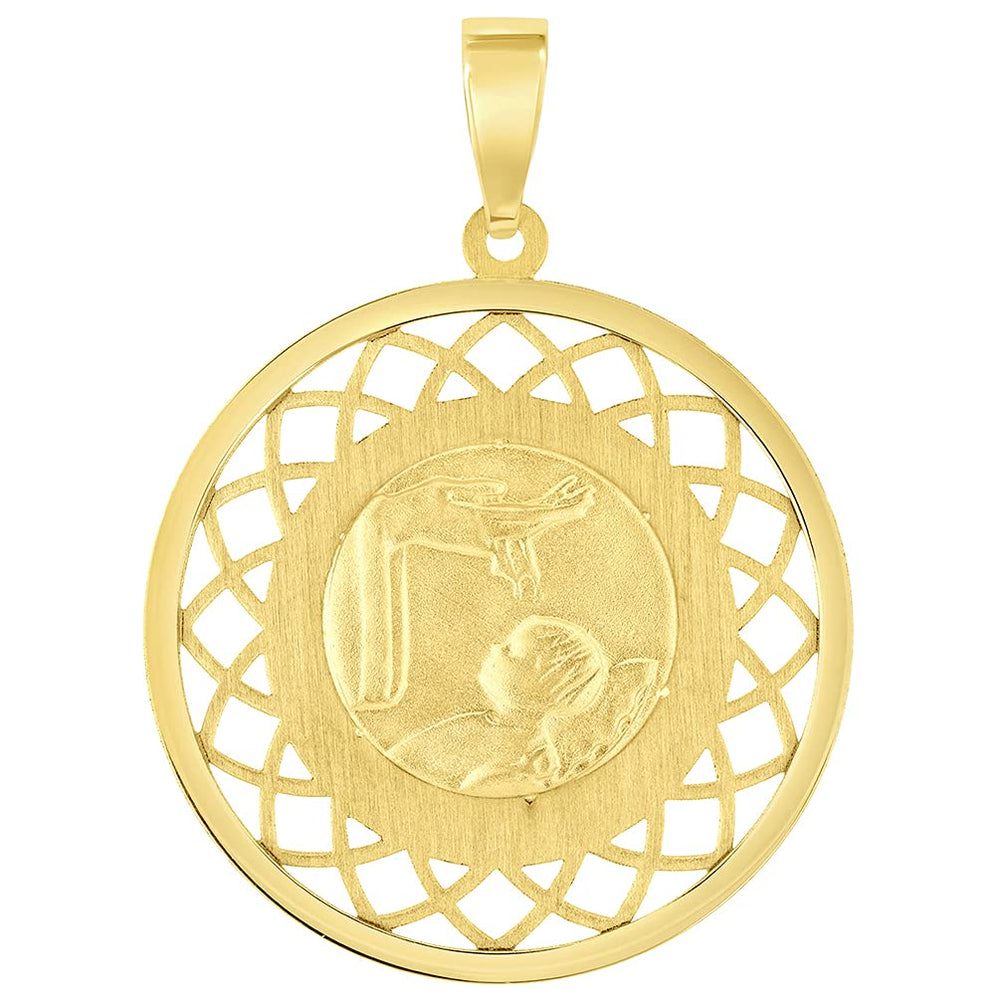 14k Yellow Gold Religious Baptism Christening On Round Open Ornate Medal Pendant (1")