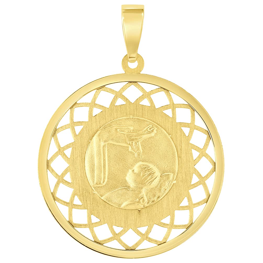 14k Yellow Gold Religious Baptism Christening On Round Open Ornate Medal Pendant (1")