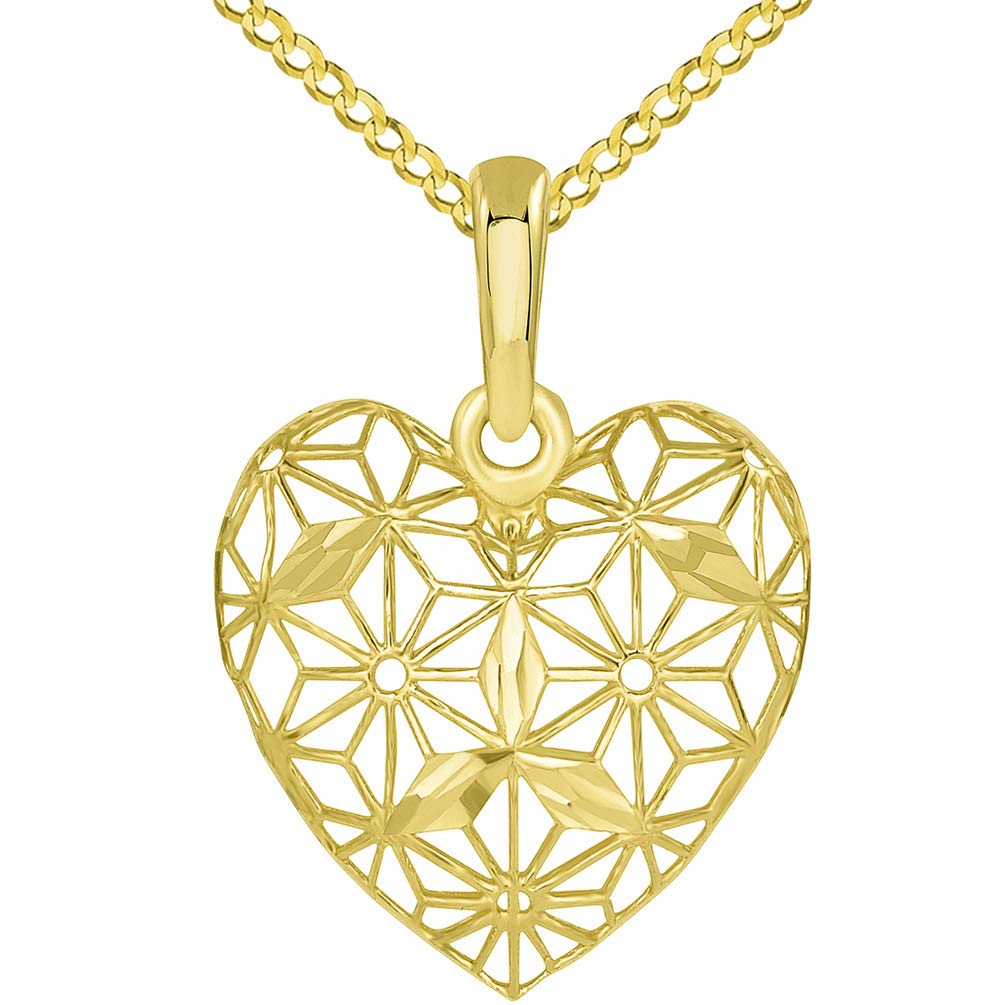 Textured 14K Yellow Gold 3D Heart Charm with Filigree Pendant Cuban Necklace