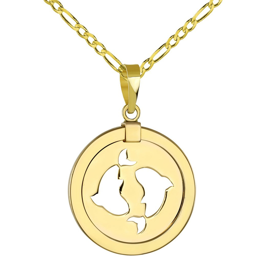 14K Gold Reversible Round Pisces Zodiac Sign Pendant with Figaro Chain Necklace - Yellow Gold