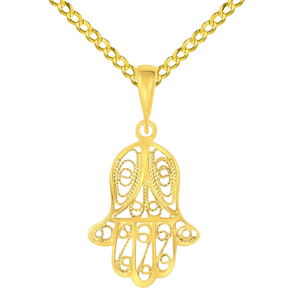 14k Yellow Gold Milgrain Filigree Hamsa Charm Hand of Fatima Pendant with Cuban Curb Chain Necklace