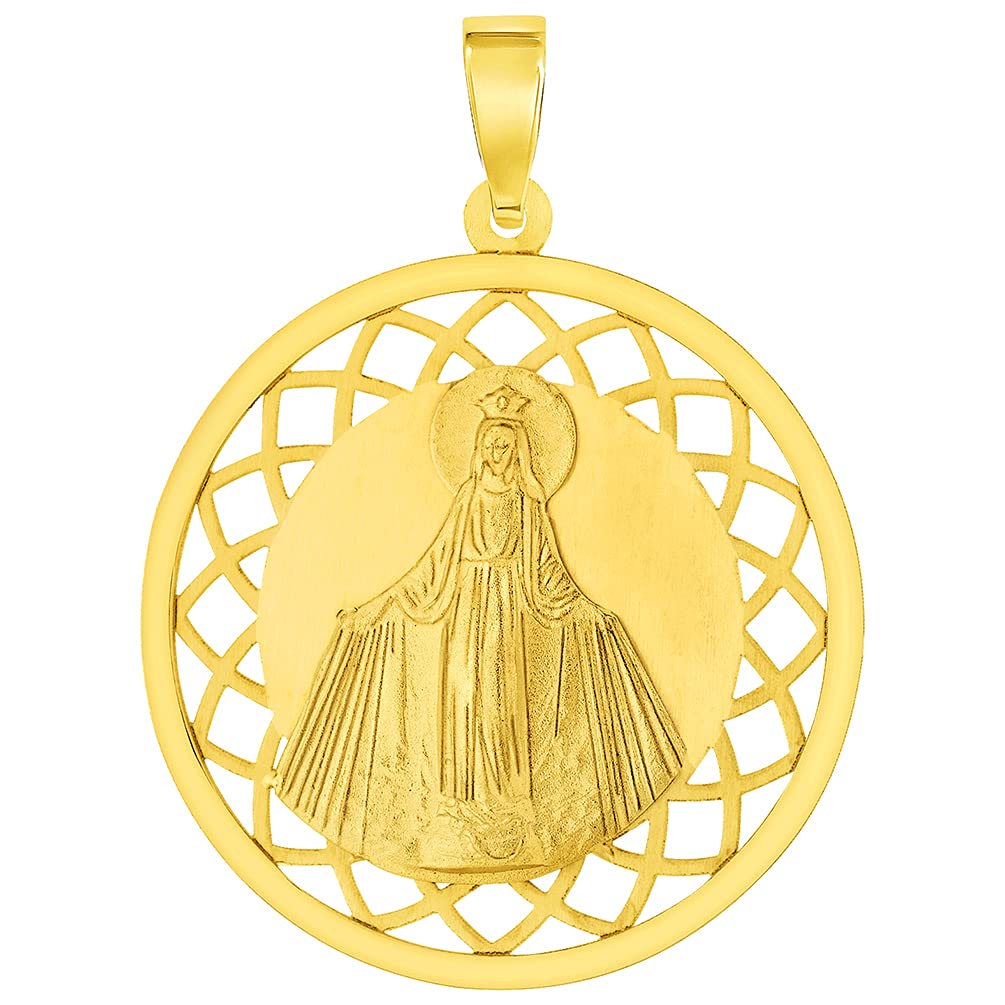 14k Yellow Gold Round Open Ornate Miraculous Medal of Virgin Mary Pendant (1")