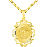 Load image into Gallery viewer, 14k Yellow Gold Holy Spirit Dove Religious Elegant Ornate Medal Pendant with Cuban Chain Curb Necklace
