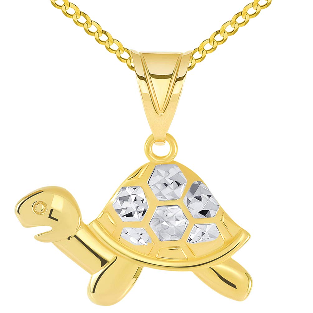 14k Yellow Gold Textured Sideview Two-Tone Turtle Charm Pendant with Curb Chain Necklace