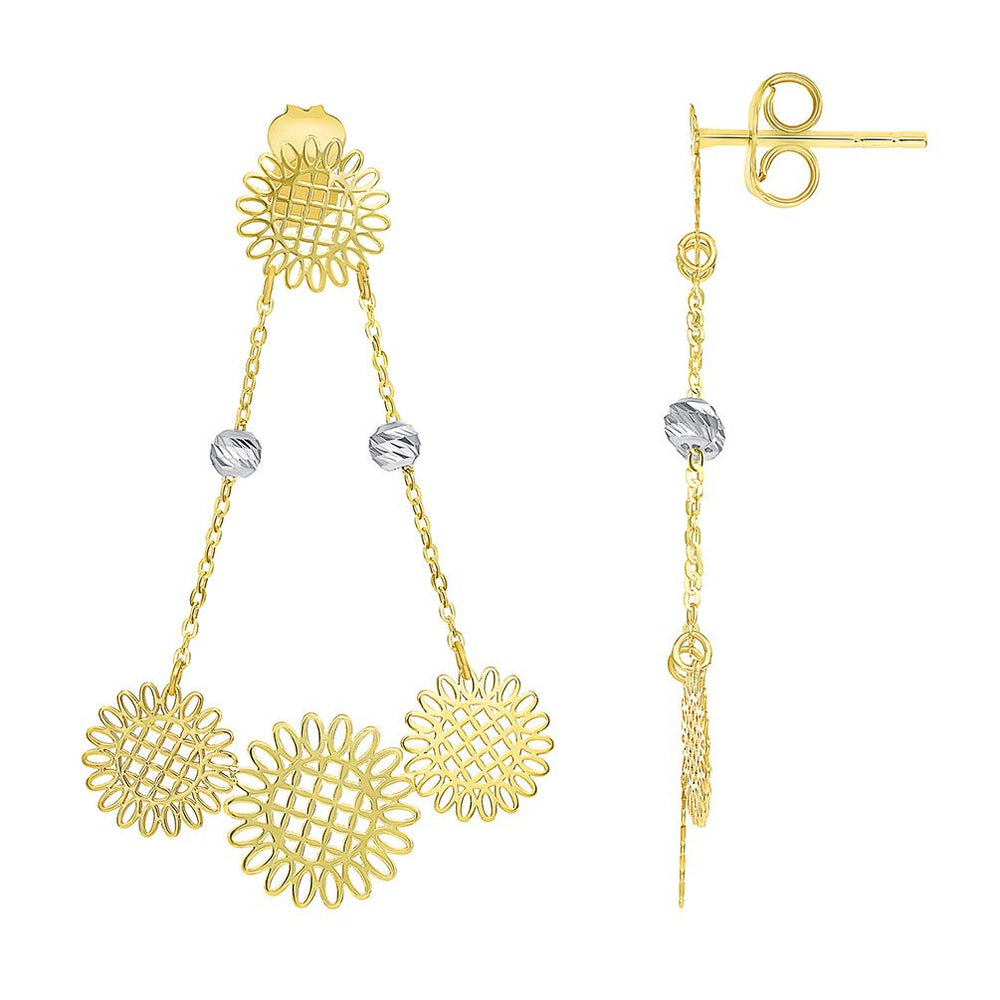 14k Gold Beaded Chain Boho-Chic Chandelier Drop Earrings with Friction Back - Yellow and White Gold