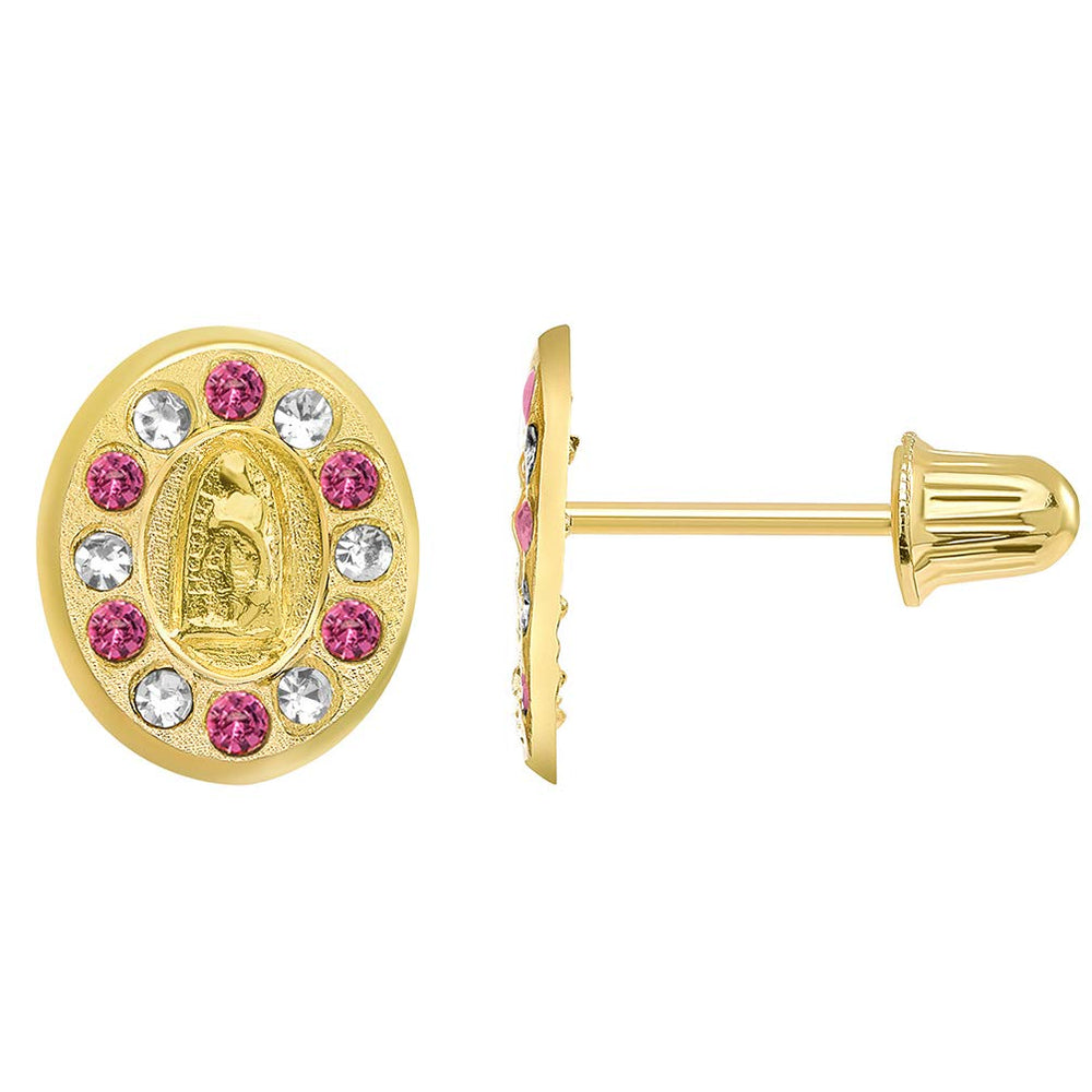 14k Yellow Gold Pink and White Cubic Zirconia Oval Our Lady Of Guadalupe Stud Earrings with Screw Back