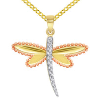 Load image into Gallery viewer, 14k Yellow Gold and Rose Gold Beaded Dragonfly Tri-Tone Pendant with Cuban Curb Chain Necklace
