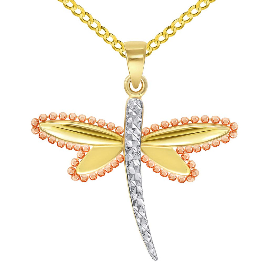 14k Yellow Gold and Rose Gold Beaded Dragonfly Tri-Tone Pendant with Cuban Curb Chain Necklace