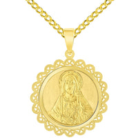 Load image into Gallery viewer, 14k Yellow Gold Sacred Heart of Jesus Christ On Round Ornate Miraculous Medal Pendant with Cuban Chain Curb Necklace

