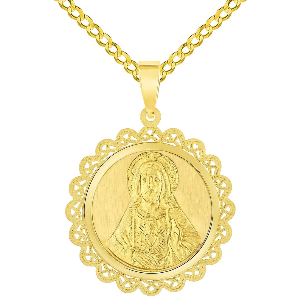 14k Yellow Gold Sacred Heart of Jesus Christ On Round Ornate Miraculous Medal Pendant with Cuban Chain Curb Necklace