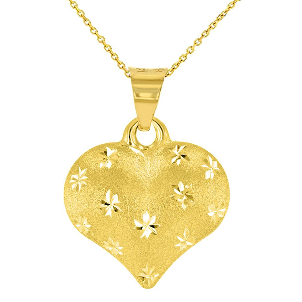 Polished 14K Yellow Gold Satin Heart with Star Texture Charm Pendant Necklace