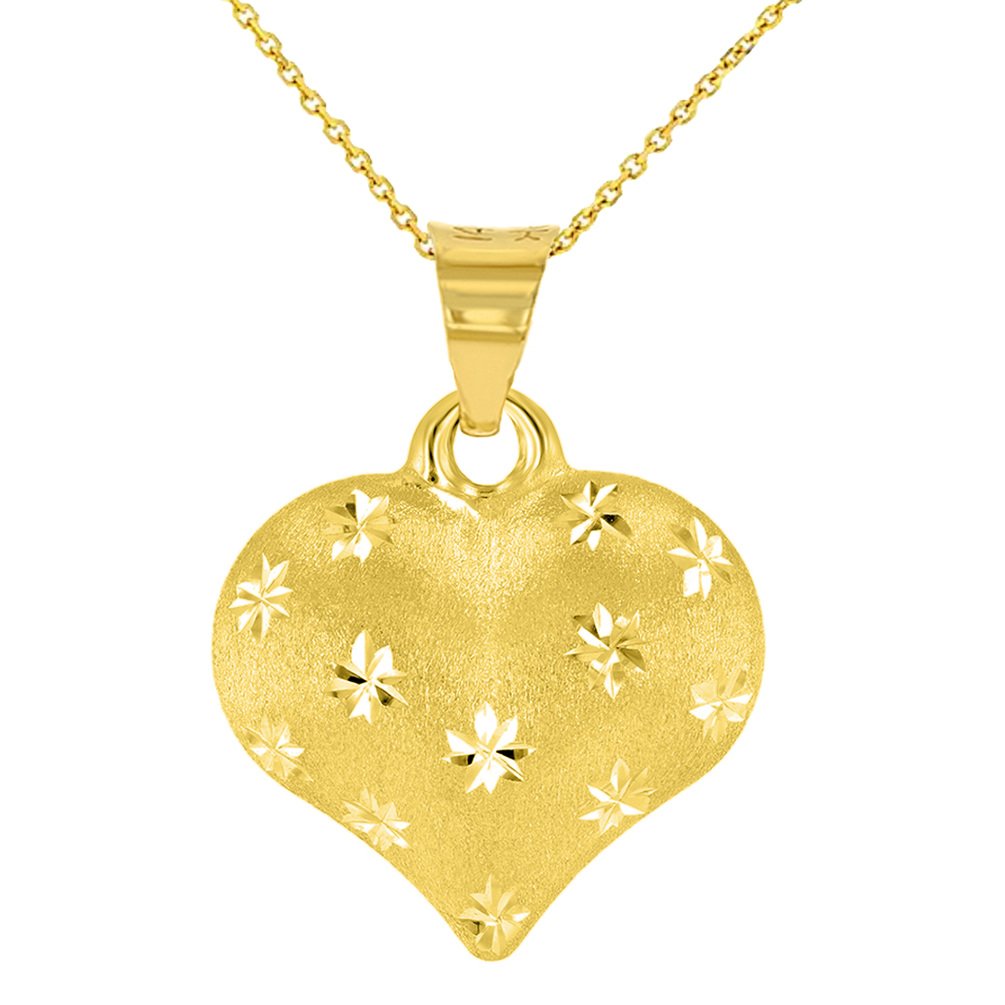 Polished 14K Yellow Gold Satin Heart with Star Texture Charm Pendant Necklace