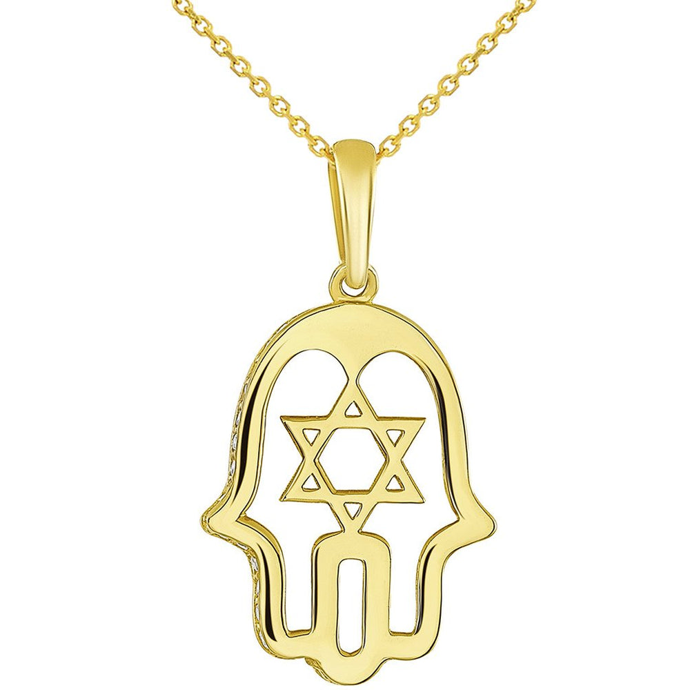 14K Yellow Gold CZ Hamsa Hand of God with Star of David Pendant Necklace