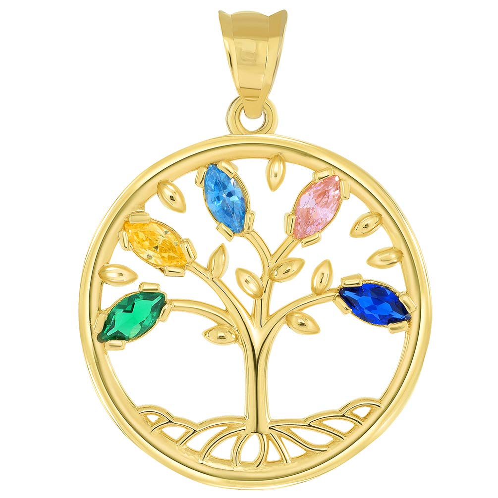 14k Gold Cubic Zirconia Round Elegant Tree of Life Medallion Pendant - Yellow Gold