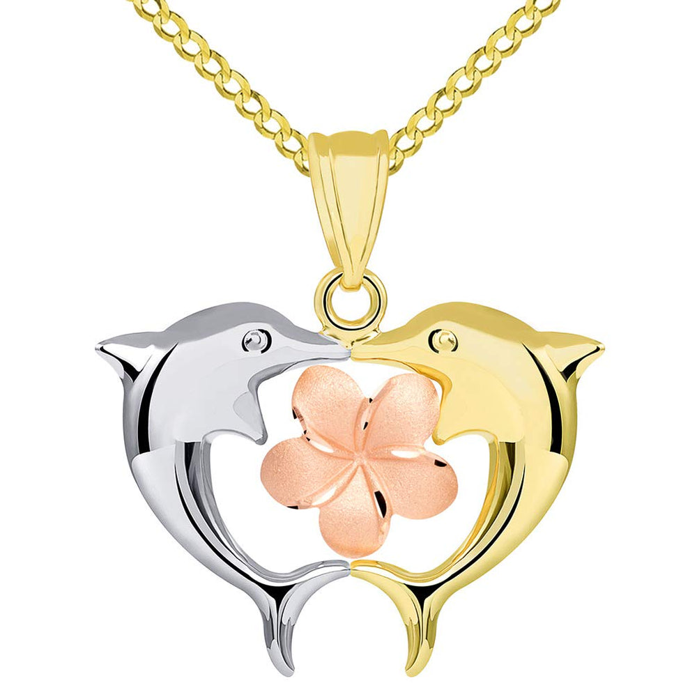 14k Gold High Polish Kissing Dolphins with Hawaiian Plumeria Flower Pendant Cuban Necklace - Tri-Color Gold