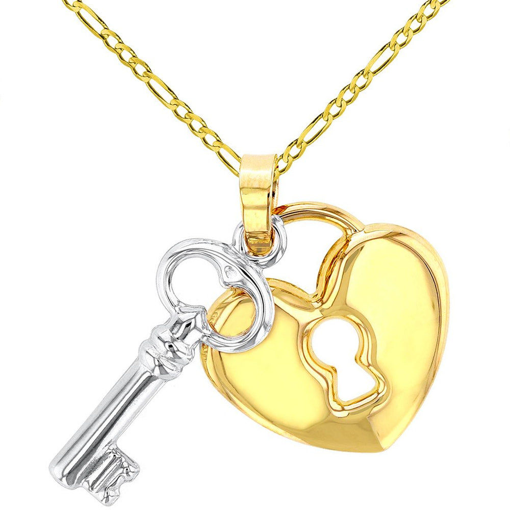 Polished 14K Gold Heart with White Gold Love Key Pendant Figaro Chain Necklace - Yellow Gold
