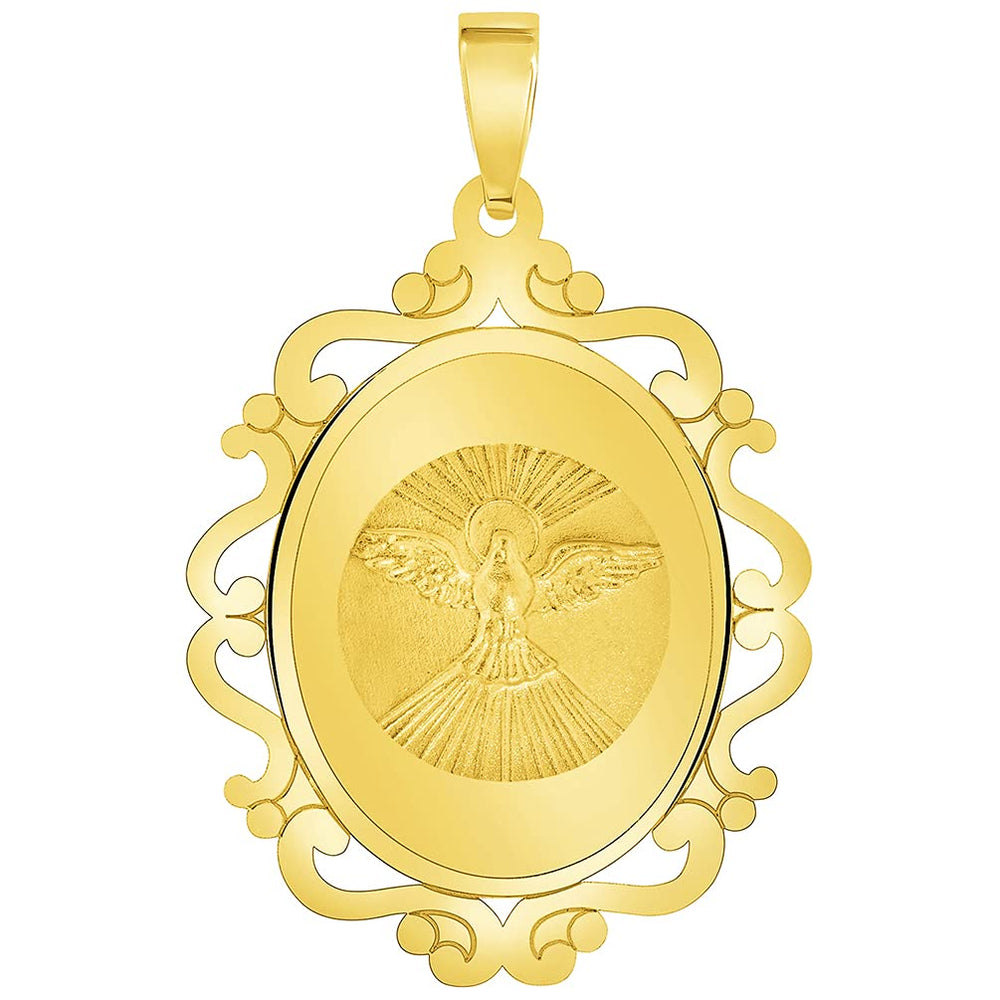 14k Yellow Gold Holy Spirit Dove Religious Elegant Ornate Medal Pendant (1")