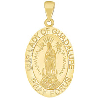 Load image into Gallery viewer, Solid 14k Yellow Gold Small Our Lady Of Guadalupe Pray For Us Miraculous Medal Pendant with Figaro Chain Necklace
