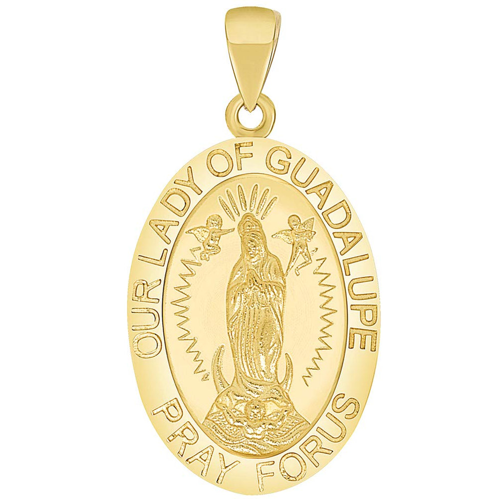 Solid 14k Gold Our Lady Of Guadalupe Pray For Us Miraculous Medal Pendant - Yellow Gold