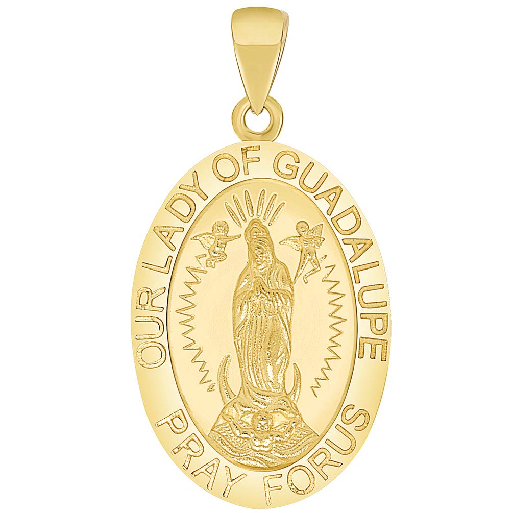 Solid 14k Gold Our Lady Of Guadalupe Pray For Us Miraculous Medal Pendant - Yellow Gold