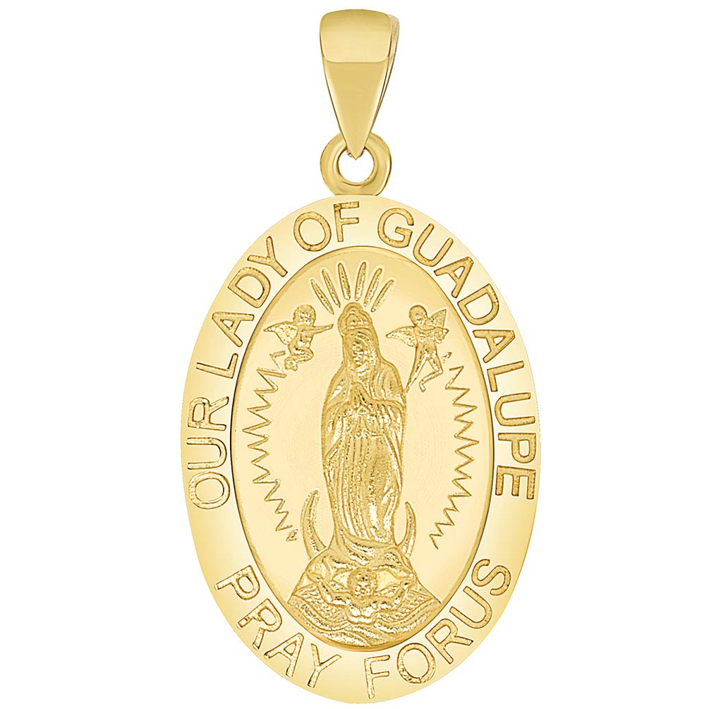 Solid 14k Yellow Gold Our Lady Of Guadalupe Pray For Us Miraculous Medal Pendant (Small)