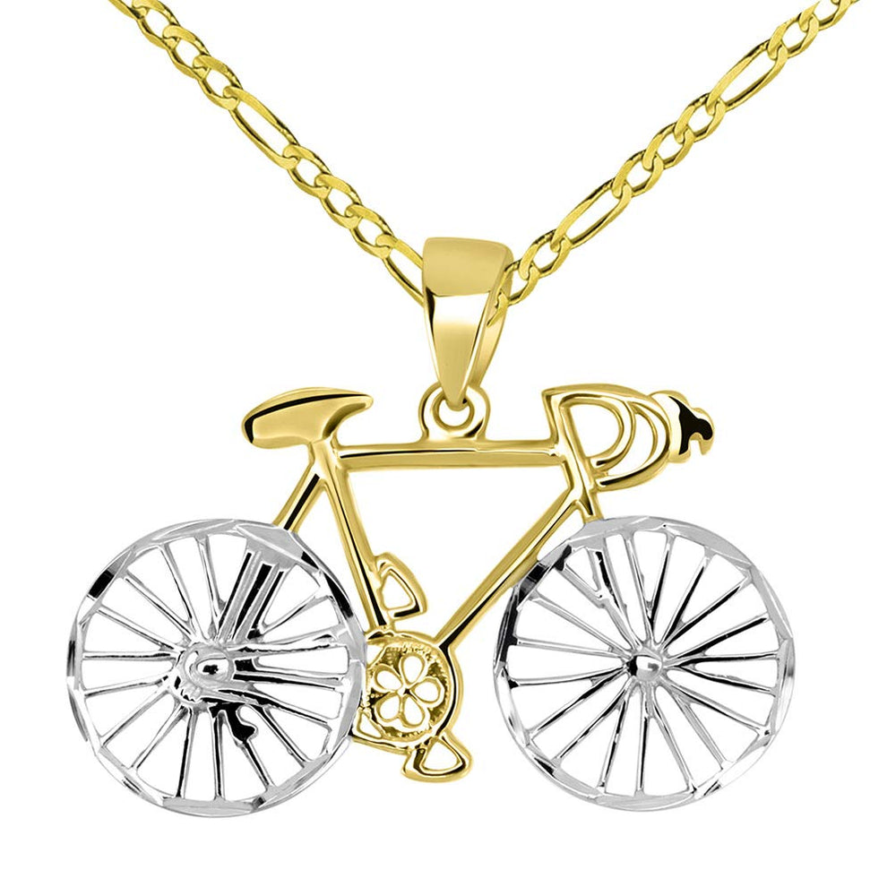 14k Gold Two-Tone Bicycle Bike with Textured Wheels Pendant Figaro Chain Necklace - Yellow Gold